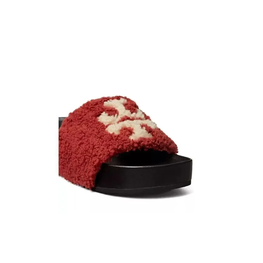 NEW Tory Burch Double T Fuzzy Shearling Platform Slides Sandals Slippers Sz 10